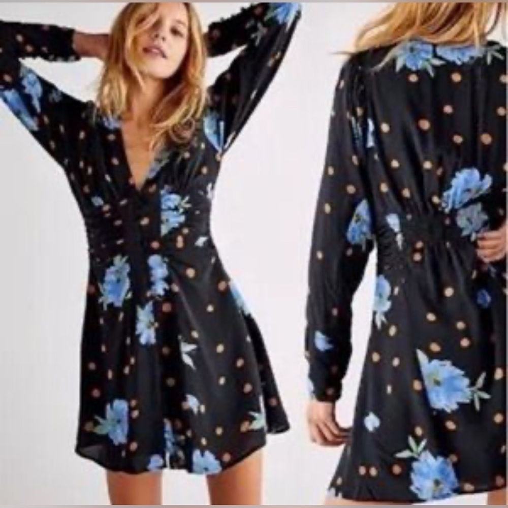 Free People Floral Polka Dot V-Neck Button Front Mini Dress Black Blue Small